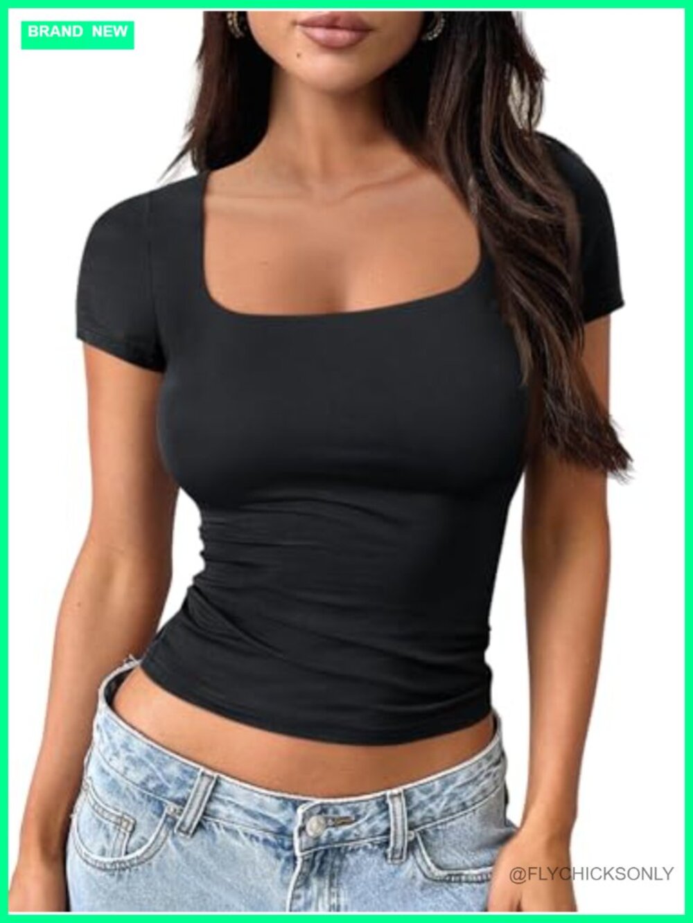 Women's Double Lined Square Neck Short Sleeve Crop Top Y2K Slim Fit